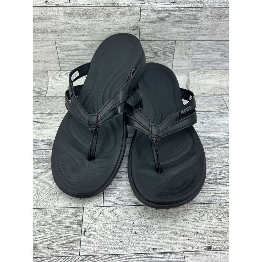 Crocs Monterey Strappy Wedge Black Comfort Flip Flop Sandals Women Size 9 205797